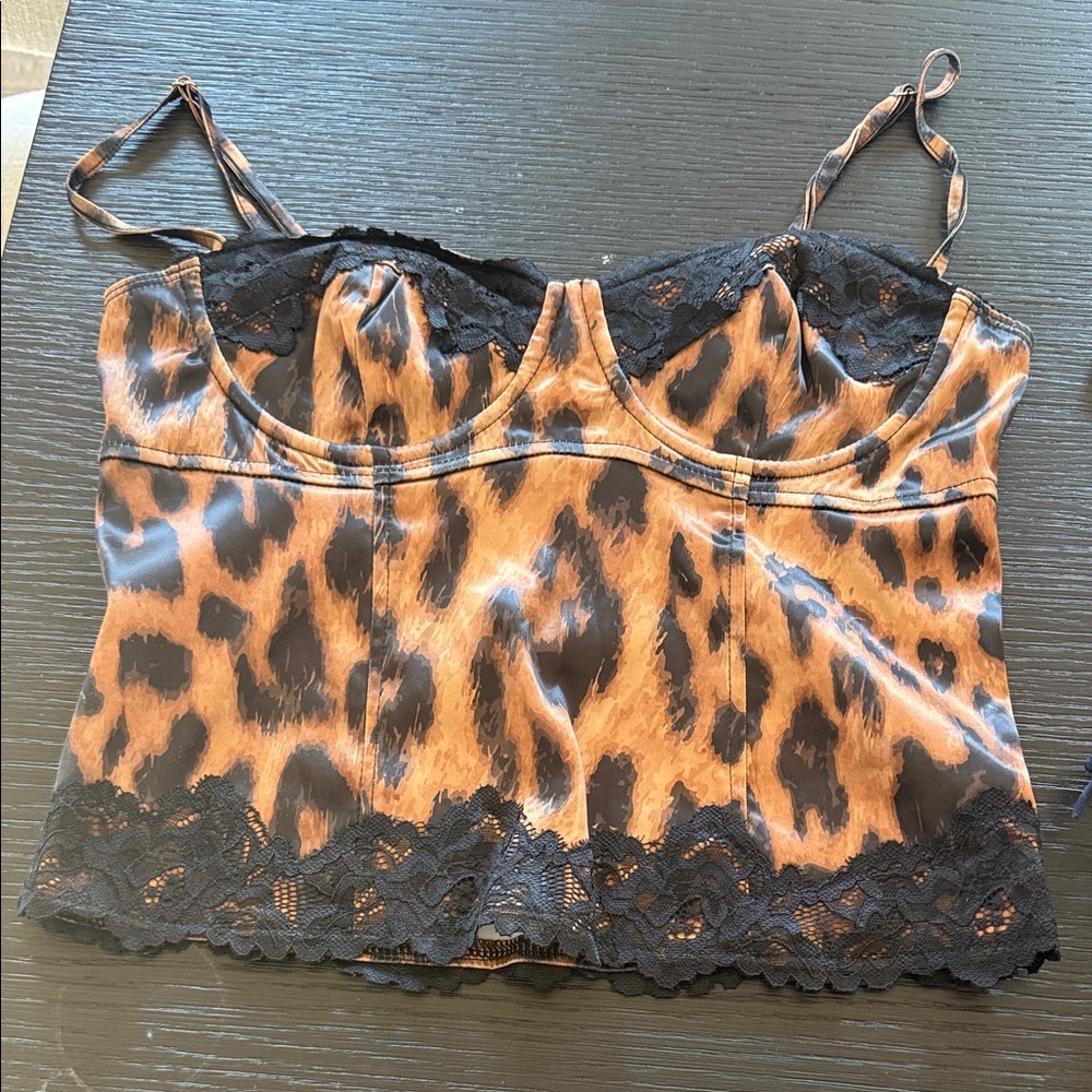 Lacey satin effect leopard print corset top